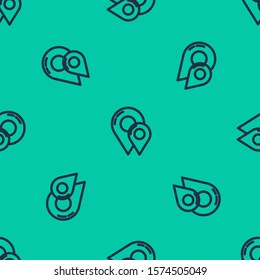 Blue line Map pin icon isolated seamless pattern on green background. Navigation, pointer, location, map, gps, direction, place, compass, contact, search concept.  Vector Illustration