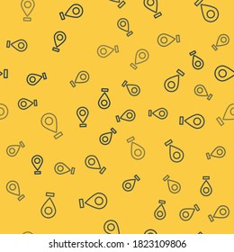 Blue line Map pin icon isolated seamless pattern on yellow background. Navigation, pointer, location, map, gps, direction, place, compass, search concept.  Vector Illustration