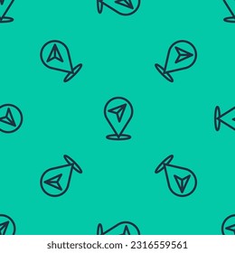 Blue line Map pin icon isolated seamless pattern on green background. Navigation, pointer, location, map, gps, direction, place, compass, search concept.  Vector