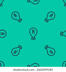 Blue line Map pin icon isolated seamless pattern on green background. Navigation, pointer, location, map, gps, direction, place, compass, search concept.  Vector