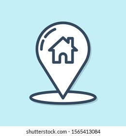 Blue line Map pointer with house icon isolated on blue background. Home location marker symbol.  Vector Illustration