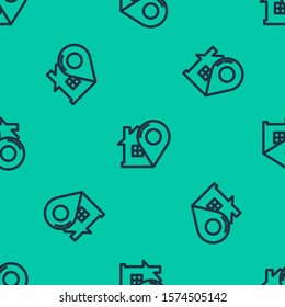 Blue line Map pointer with house icon isolated seamless pattern on green background. Home location marker symbol.  Vector Illustration