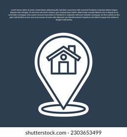 Blue Line Map Zeiger mit Haus Symbol einzeln auf blauem Hintergrund. Markierungszeichen für den Wohnort.  Vektorgrafik