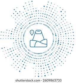 Blue line Map pointer with mountain icon isolated on white background. Mountains travel icon. Abstract circle random dots. Vector