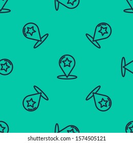 Blue line Map pointer with star icon isolated seamless pattern on green background. Star favorite pin map icon. Map markers.  Vector Illustration