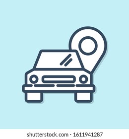 Blue line Map pointer with taxi icon isolated on blue background. Location symbol.  Vector Illustration