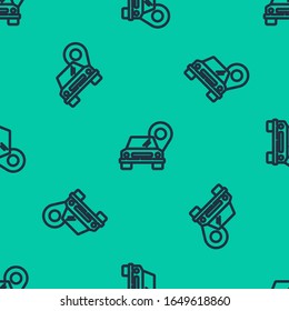Blue line Map pointer with taxi icon isolated seamless pattern on green background. Location symbol.  Vector Illustration