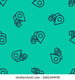 Puntero de mapa de línea azul con icono de taxi aislado sin fisuras en fondo verde. Símbolo de ubicación. Ilustración vectorial