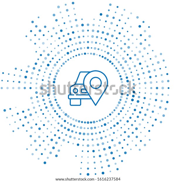 Blue line Map pointer with taxi icon\
isolated on white background. Location symbol. Abstract circle\
random dots. Vector\
Illustration