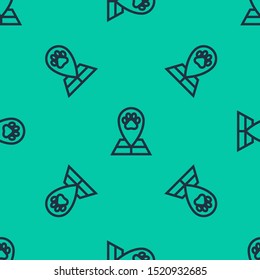 Blue line Map pointer with veterinary medicine hospital, clinic or pet shop for animals icon isolated seamless pattern on green background. Veterinarian clinic.  Vector Illustration