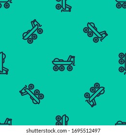 Blue line Mars rover icon isolated seamless pattern on green background. Space rover. Moonwalker sign. Apparatus for studying planets surface.  Vector Illustration