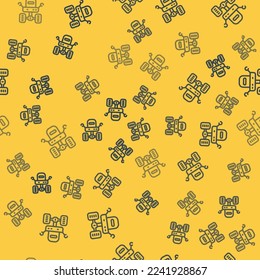 Blue line Mars rover icon isolated seamless pattern on yellow background. Space rover. Moonwalker sign. Apparatus for studying planets surface.  Vector