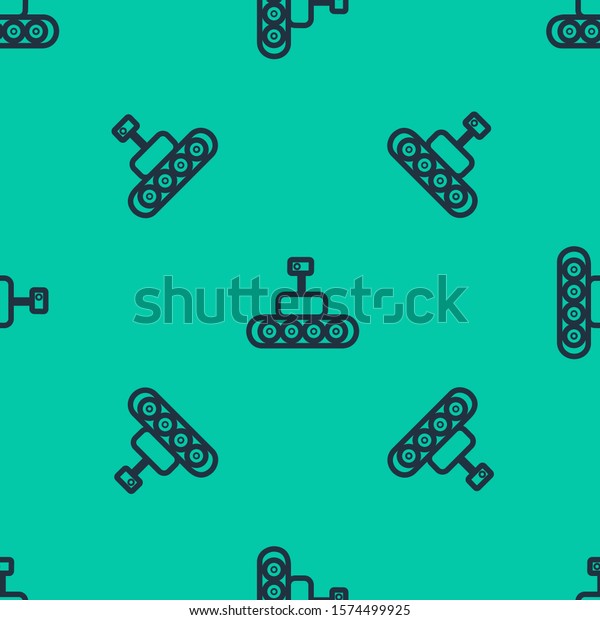Blue line Mars rover icon
isolated seamless pattern on green background. Space rover.
Moonwalker sign. Apparatus for studying planets surface.  Vector
Illustration