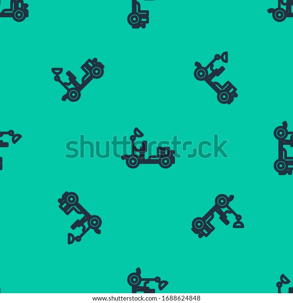 Blue line Mars rover icon\
isolated seamless pattern on green background. Space rover.\
Moonwalker sign. Apparatus for studying planets surface.  Vector\
Illustration