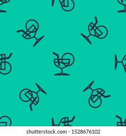 Blue line Martini glass icon isolated seamless pattern on green background. Cocktail icon. Wine glass icon.  Vector Illustration