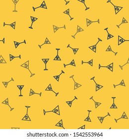 Blue line Martini glass icon isolated seamless pattern on yellow background. Cocktail icon. Wine glass icon.  Vector Illustration