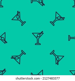 Blue line Martini glass icon isolated seamless pattern on green background. Cocktail icon. Wine glass icon.  Vector