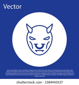 Blue line Mask of the devil with horns icon isolated on blue background. White circle button. Vector Illustration