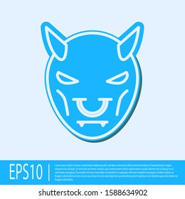 Blue line Mask of the devil with horns icon isolated on grey background.  Vector Illustration