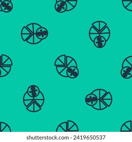 Línea azul Sistema matemático de solución de ecuación sobre icono de burbuja de voz aislado patrón sin fisuras sobre fondo verde.  Ilustración vectorial