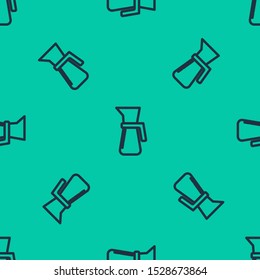 Blue line Measuring cup to measure dry and liquid food icon isolated seamless pattern on green background. Plastic graduated beaker with handle.  Vector Illustration