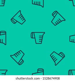 Blue line Measuring cup to measure dry and liquid food icon isolated seamless pattern on green background. Plastic graduated beaker with handle.  Vector Illustration