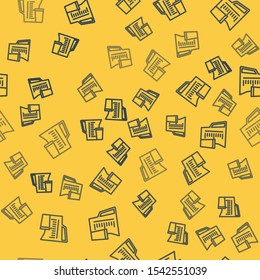 Blue line Measuring cup to measure dry and liquid food icon isolated seamless pattern on yellow background. Plastic graduated beaker with handle.  Vector Illustration