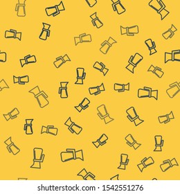 Blue line Measuring cup to measure dry and liquid food icon isolated seamless pattern on yellow background. Plastic graduated beaker with handle.  Vector Illustration