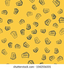 Blue line Measuring cup to measure dry and liquid food icon isolated seamless pattern on yellow background. Plastic graduated beaker with handle.  Vector Illustration