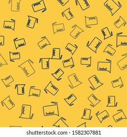 Blue line Measuring cup to measure dry and liquid food icon isolated seamless pattern on yellow background. Plastic graduated beaker with handle.  Vector Illustration