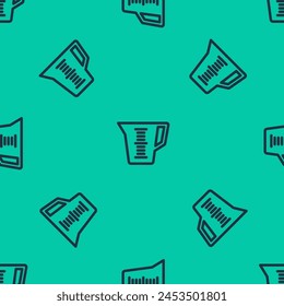 Blue line Measuring cup to measure dry and liquid food icon isolated seamless pattern on green background. Plastic graduated beaker with handle.  Vector