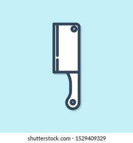 Blue line Meat chopper icon isolated on blue background. Kitchen knife for meat. Butcher knife.  Vector Illustration