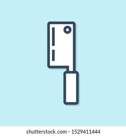Blue line Meat chopper icon isolated on blue background. Kitchen knife for meat. Butcher knife. Happy Halloween party.  Vector Illustration