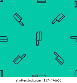 Blue line Meat chopper icon isolated seamless pattern on green background. Kitchen knife for meat. Butcher knife.  Vector Illustration