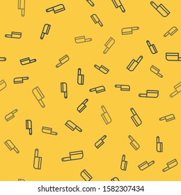Blue line Meat chopper icon isolated seamless pattern on yellow background. Kitchen knife for meat. Butcher knife.  Vector Illustration