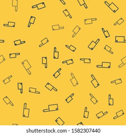 Blue line Meat chopper icon isolated seamless pattern on yellow background. Kitchen knife for meat. Butcher knife.  Vector Illustration