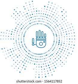 Blue line Mechanical robot hand icon isolated on white background. Robotic arm symbol. Technological concept. Abstract circle random dots. Vector Illustration
