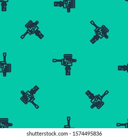 Blue line Mechanical robot hand and screwdriver tool icon isolated seamless pattern on green background. Robotic arm symbol. Technological concept.  Vector Illustration
