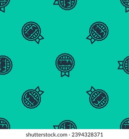 Blue line Medal with star icon isolated seamless pattern on green background. Winner achievement sign. Award medal.  Vector