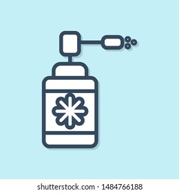 Blue line Medical bottle with nozzle spray for the treatment of diseases of the nose and throat icon isolated on blue background.  Vector Illustration