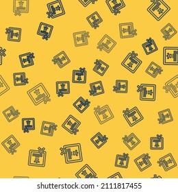 Blue line Medical certificate for travel with dog or cat icon isolated seamless pattern on yellow background. Document for pet. Dog or cat paw print.  Vector