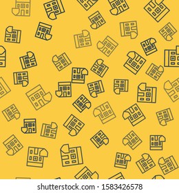 Blue line Medical hospital building with shield icon isolated seamless pattern on yellow background. Medical insurance. Security, safety, protection concept.  Vector Illustration