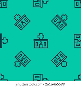 Blue line Medical hospital building with cross icon isolated seamless pattern on green background. Medical center. Health care.  Vector