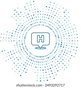 Línea azul Puntero de mapa médico con icono de hospital cruzado aislado sobre fondo blanco. Abstractas círculo de puntos aleatorios. Vector