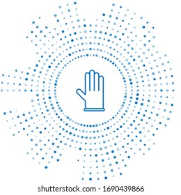 Blue line Medical rubber gloves icon isolated on white background. Protective rubber gloves. Abstract circle random dots. Vector Illustration