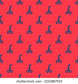 Blue line Medical scissors icon isolated seamless pattern on red background.  Vector