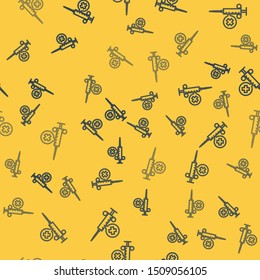Blue line Medical syringe with needle icon isolated seamless pattern on yellow background. Vaccination, injection, vaccine, insulin concept.  Vector Illustration