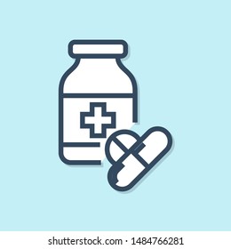 Blue line Medicine bottle and pills icon isolated on blue background. Bottle pill sign. Pharmacy design. Vector Illustration Blue line Medicine bottle and pills icon isolated on blue background. Bottle pill sign. Pharmacy design. Vector Illustration