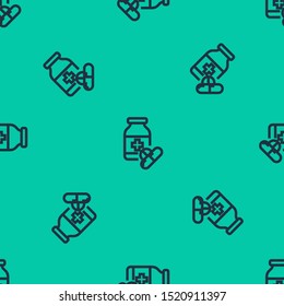 Blue line Medicine bottle and pills icon isolated seamless pattern on green background. Bottle pill sign. Pharmacy design.  Vector Illustration
