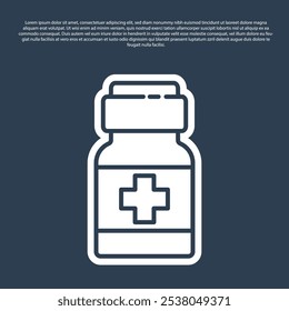 Icono de la botella y de las píldoras de la medicina de la línea azul aislado en fondo azul. Paquete de medicamentos médicos para tabletas, vitaminas, antibióticos, aspirina.  Vector